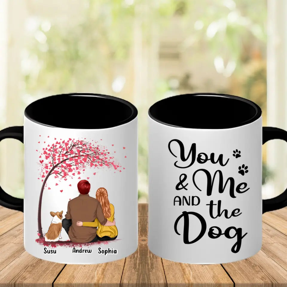 Du, ich und die Hunde mit Baum – personalisierte Tasse mit individuellem Akzent – Geschenk für Paare, Hundeliebhaber