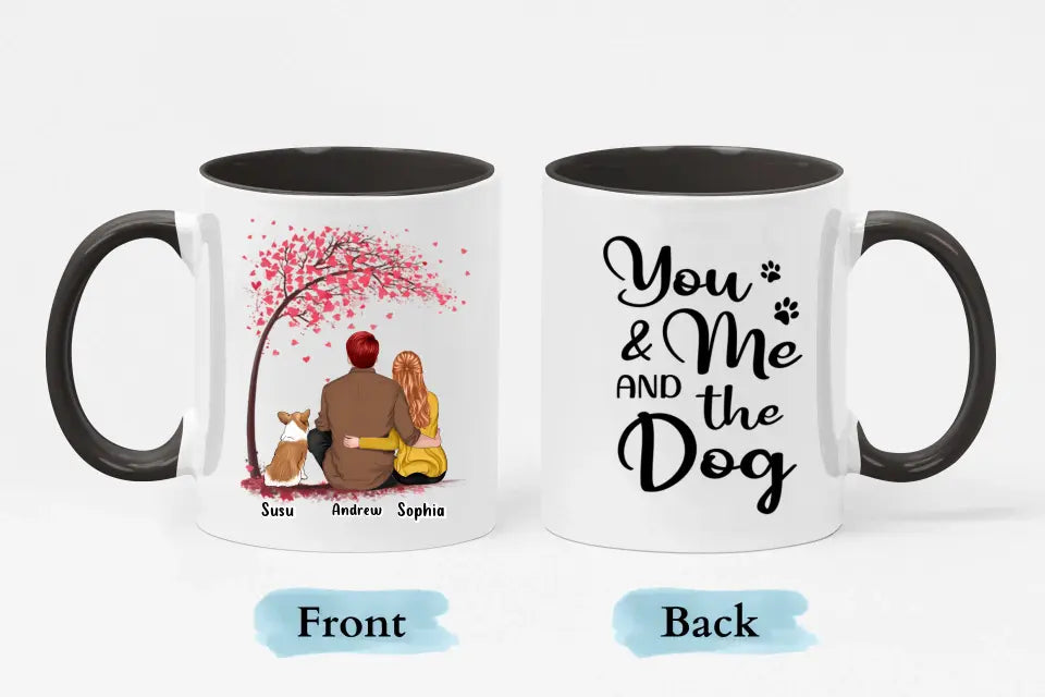 Du, ich und die Hunde mit Baum – personalisierte Tasse mit individuellem Akzent – Geschenk für Paare, Hundeliebhaber