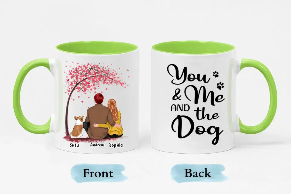 Du, ich und die Hunde mit Baum – personalisierte Tasse mit individuellem Akzent – Geschenk für Paare, Hundeliebhaber