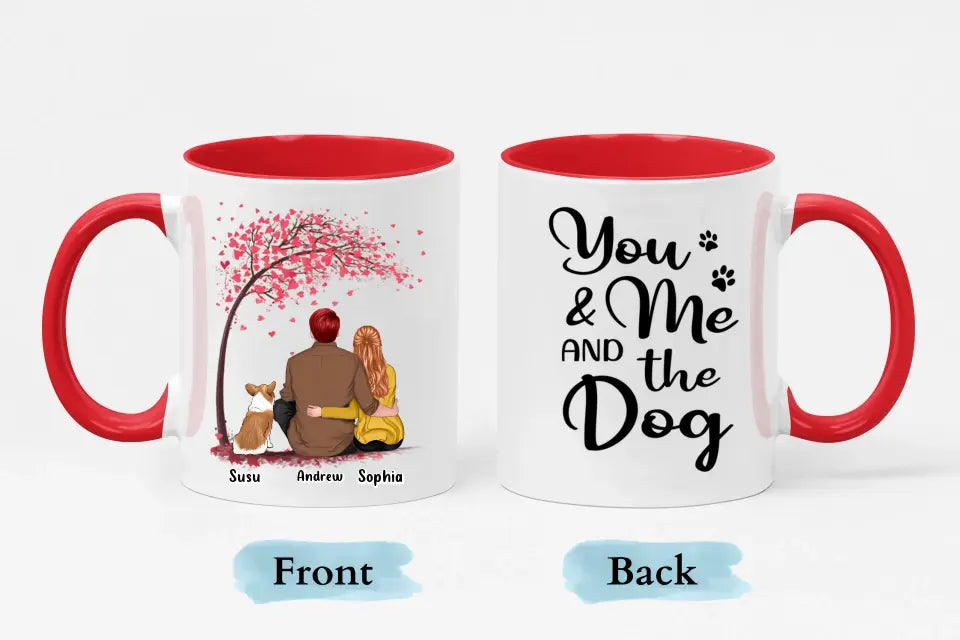 Du, ich und die Hunde mit Baum – personalisierte Tasse mit individuellem Akzent – Geschenk für Paare, Hundeliebhaber