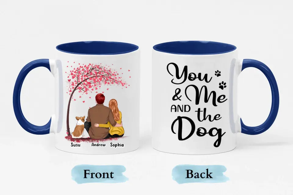 Du, ich und die Hunde mit Baum – personalisierte Tasse mit individuellem Akzent – Geschenk für Paare, Hundeliebhaber