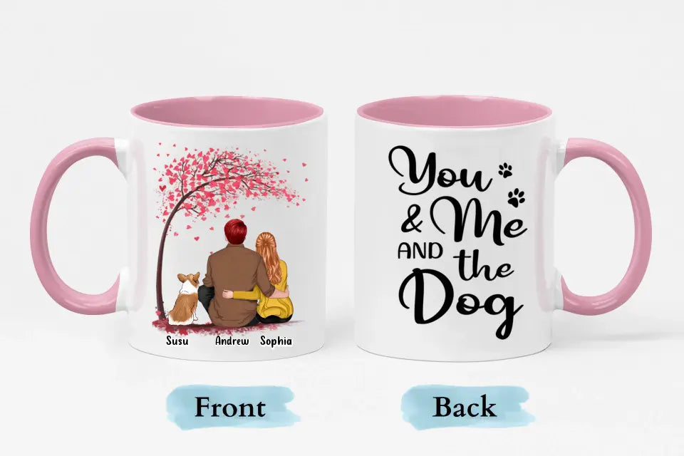 Du, ich und die Hunde mit Baum – personalisierte Tasse mit individuellem Akzent – Geschenk für Paare, Hundeliebhaber