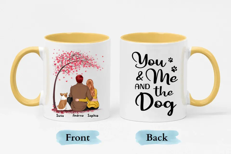 Du, ich und die Hunde mit Baum – personalisierte Tasse mit individuellem Akzent – Geschenk für Paare, Hundeliebhaber