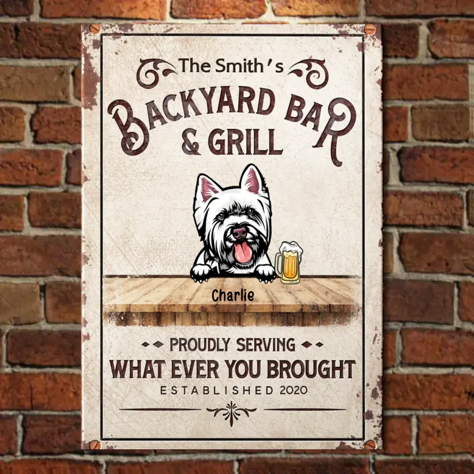 Backyard Bar & Grill - Letrero metálico vertical personalizado para mascotas