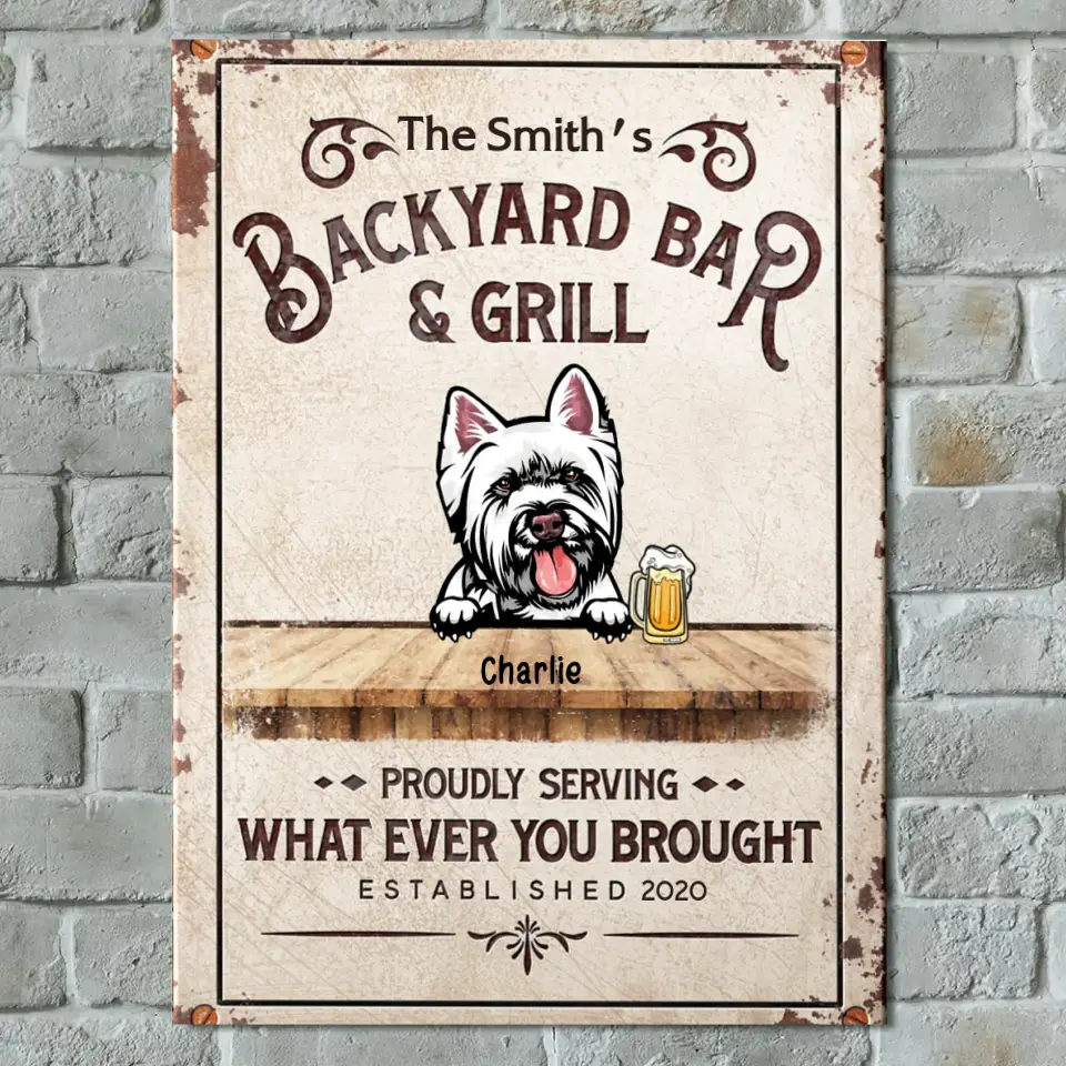 Backyard Bar & Grill - Letrero metálico vertical personalizado para mascotas