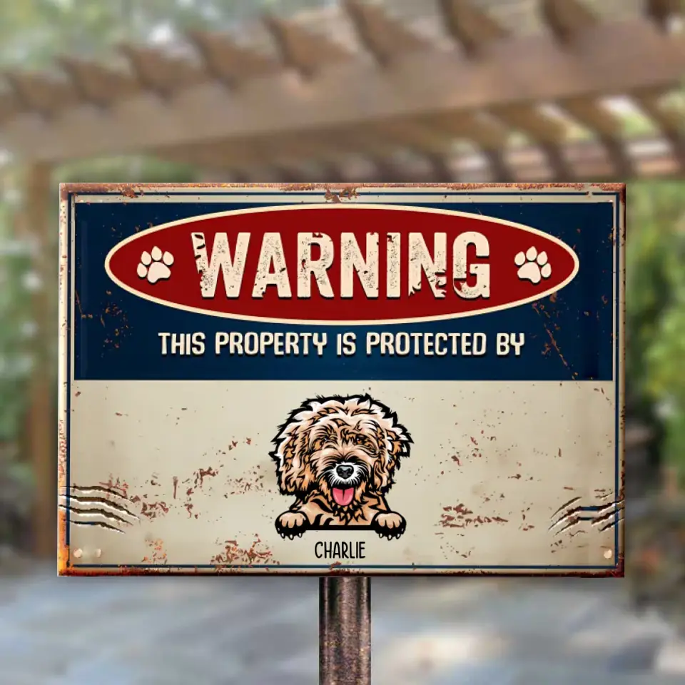 ¡Advertencia! Esta propiedad está protegida por perros y gatos: letrero metálico personalizado para mascotas