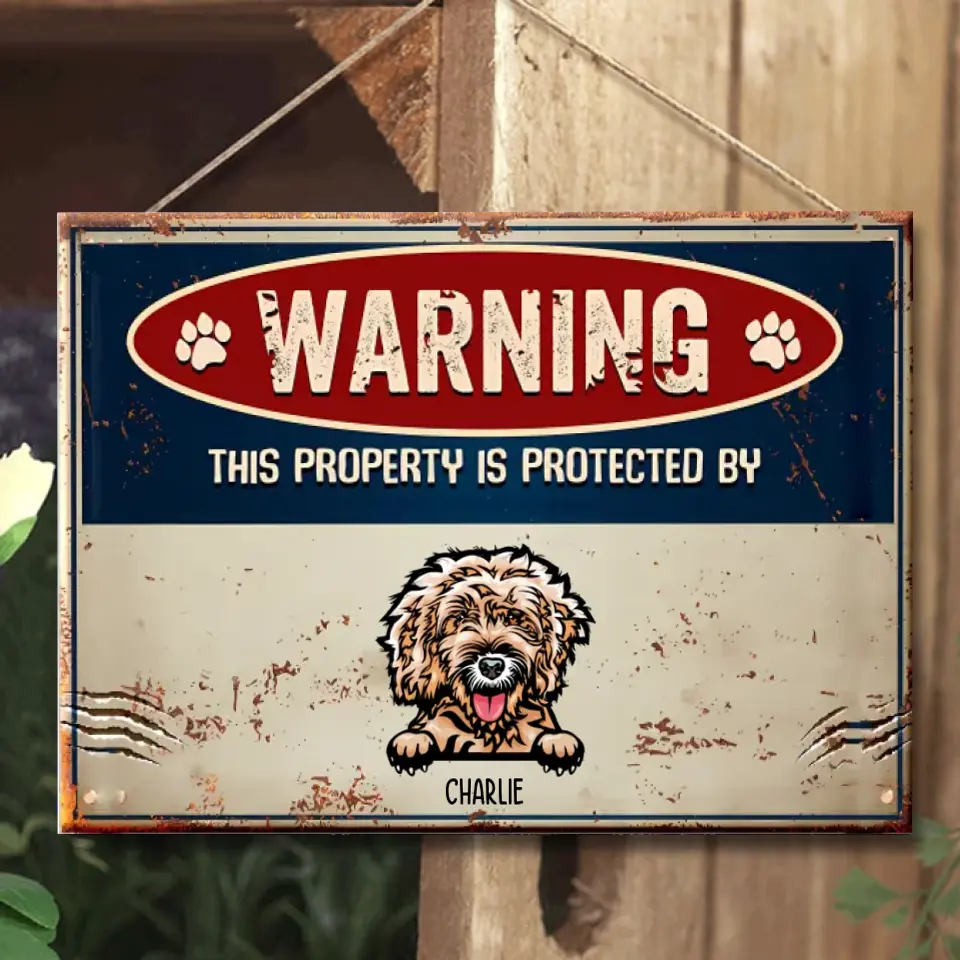 ¡Advertencia! Esta propiedad está protegida por perros y gatos: letrero metálico personalizado para mascotas