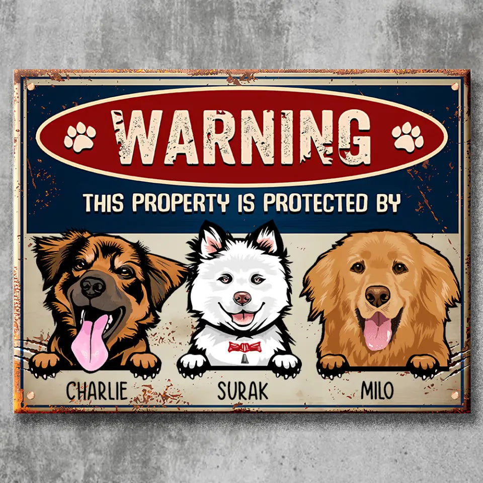 ¡Advertencia! Esta propiedad está protegida por perros y gatos: letrero metálico personalizado para mascotas