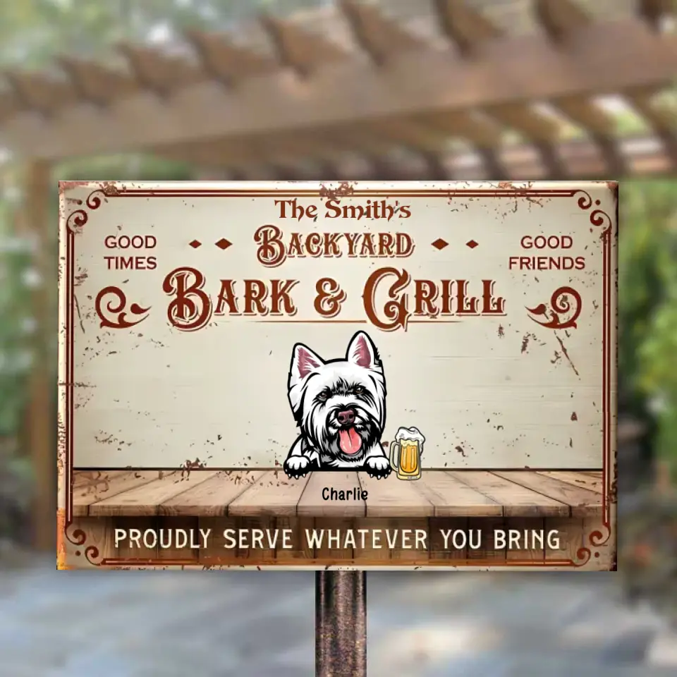 Backyard Bar & Grill - Letrero metálico horizontal personalizado para mascotas
