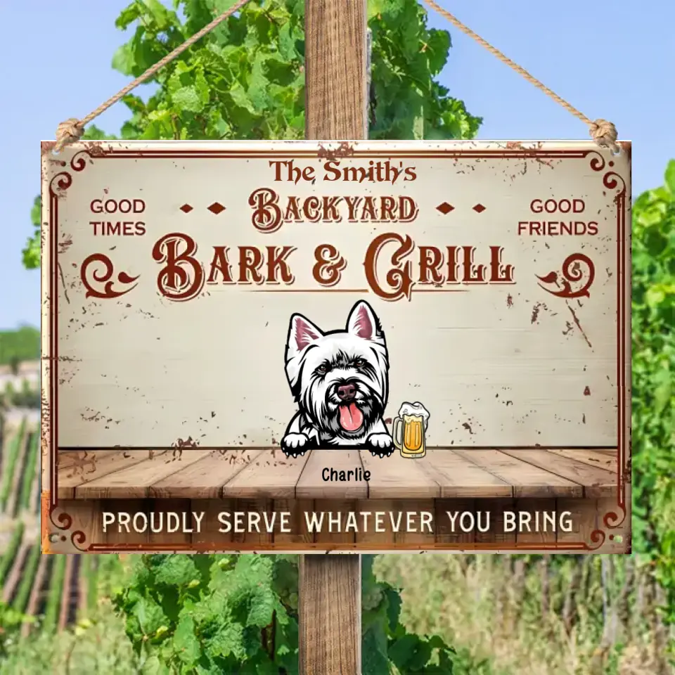 Backyard Bar & Grill - Letrero metálico horizontal personalizado para mascotas