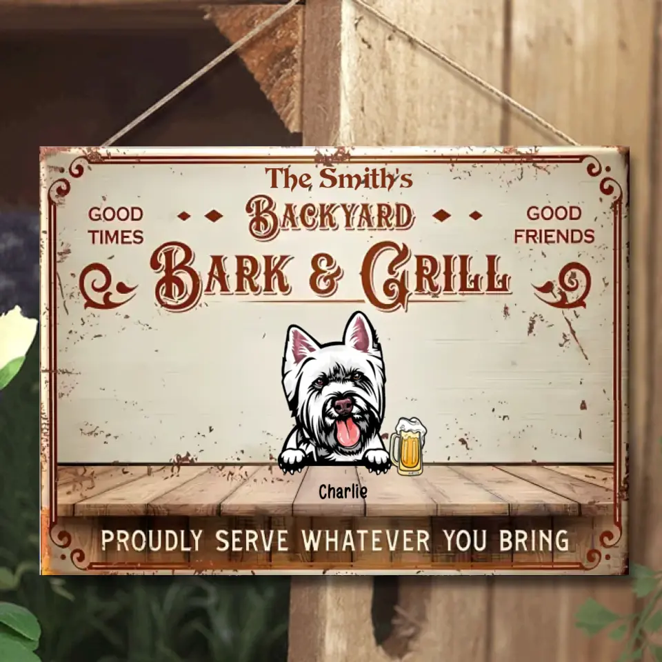 Backyard Bar & Grill - Letrero metálico horizontal personalizado para mascotas
