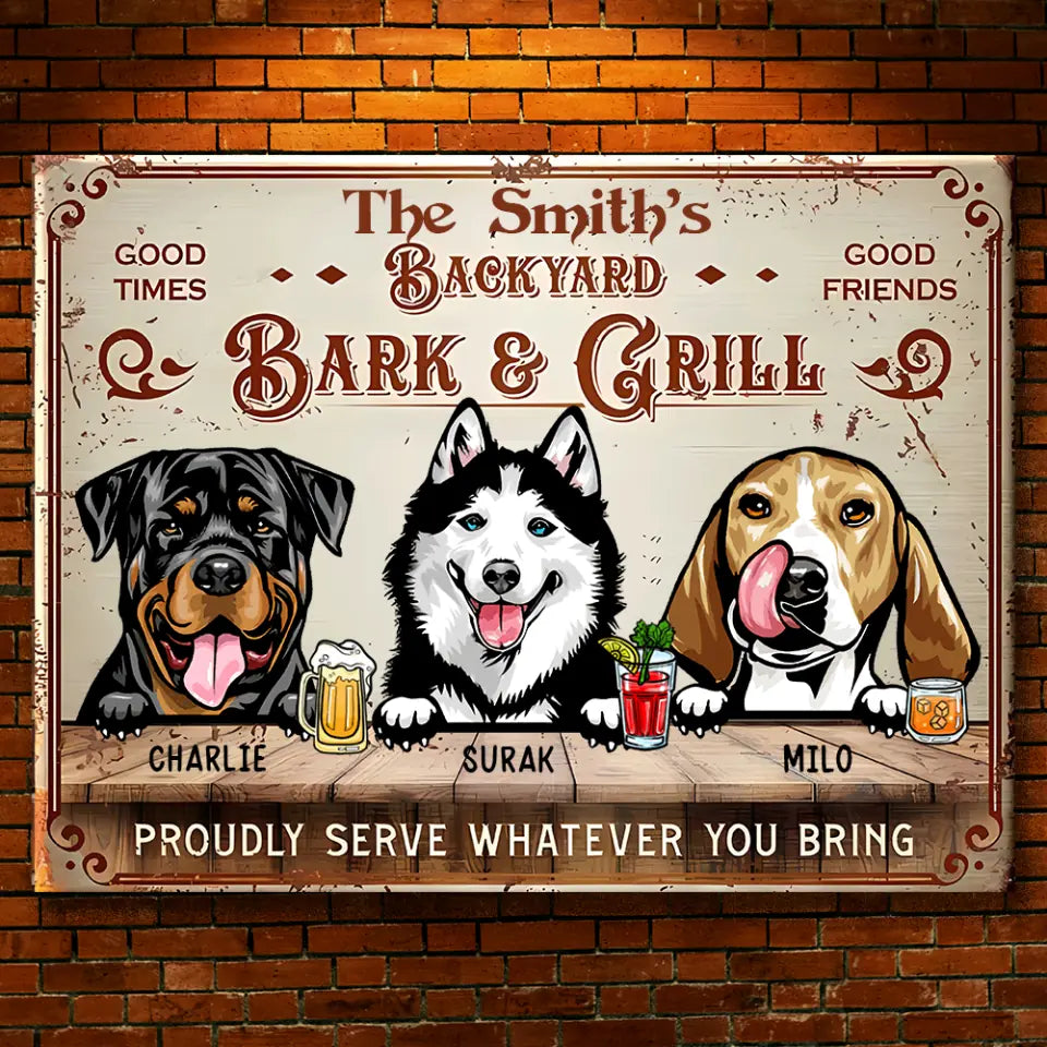 Backyard Bar & Grill - Letrero metálico horizontal personalizado para mascotas