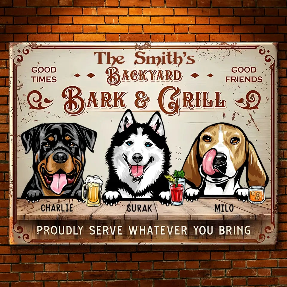 Backyard Bar & Grill - Letrero metálico horizontal personalizado para mascotas