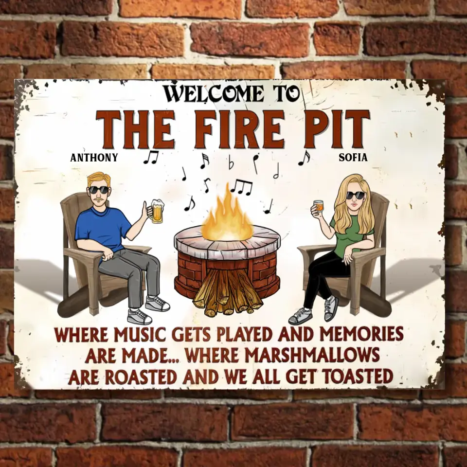 Feuerstelle, wo die Musik gespielt wird – personalisiertes Camping-Metallschild – Geschenk für Ehemann, Ehefrau, Paar