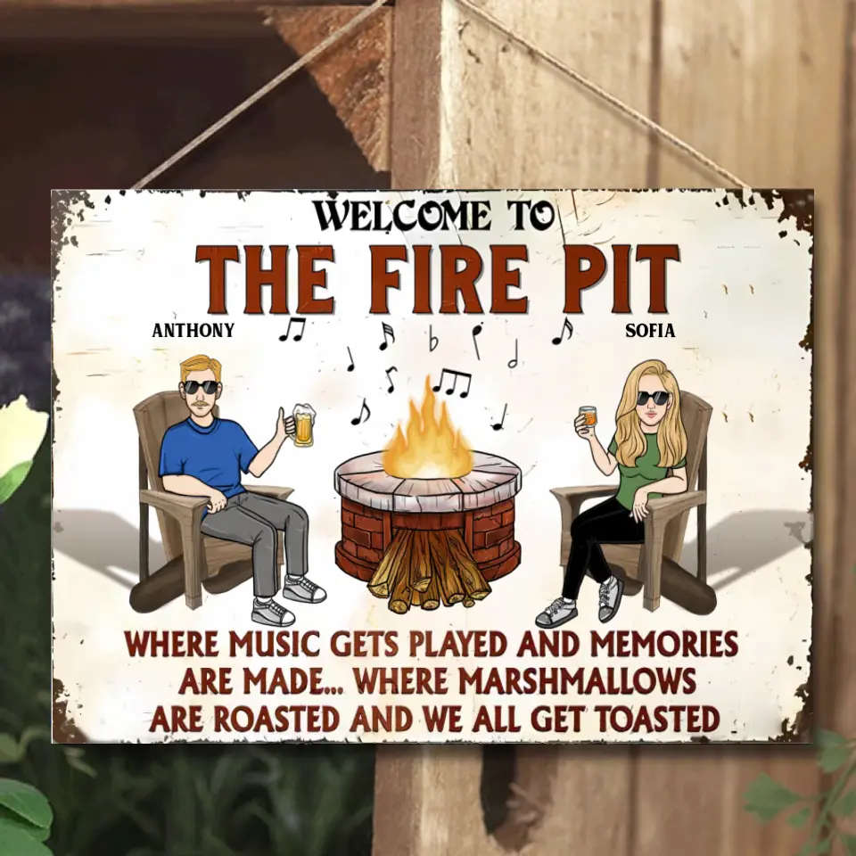 Feuerstelle, wo die Musik gespielt wird – personalisiertes Camping-Metallschild – Geschenk für Ehemann, Ehefrau, Paar