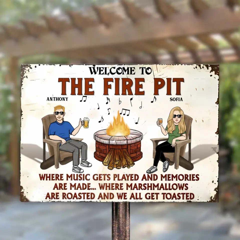 Feuerstelle, wo die Musik gespielt wird – personalisiertes Camping-Metallschild – Geschenk für Ehemann, Ehefrau, Paar
