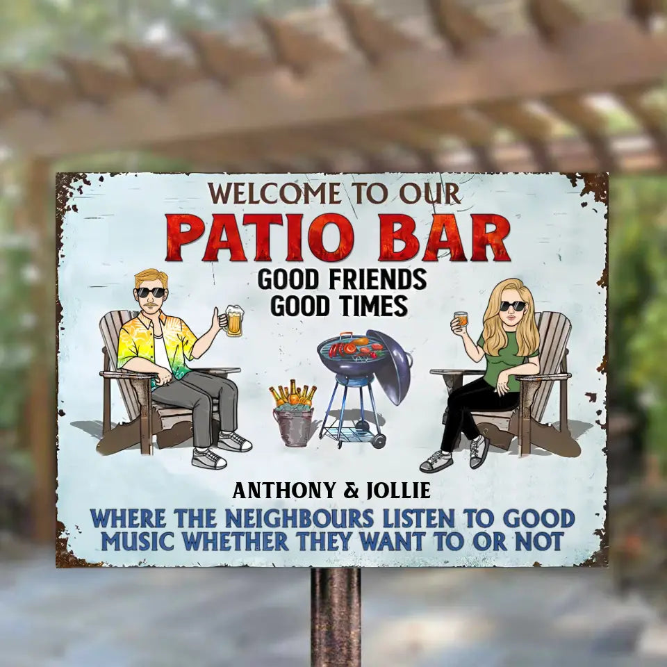 Poolside Grilling Listen To The Good Music Couple Husband Wife - Personalized Custom Classic Metal Signs