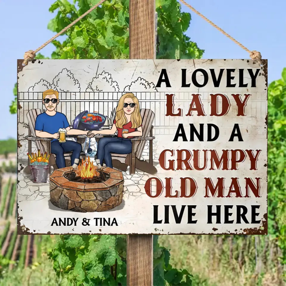 Couple A Lovely Woman And A Grumpy Old Man Live Here - Personalized Horizontal Metal Sign