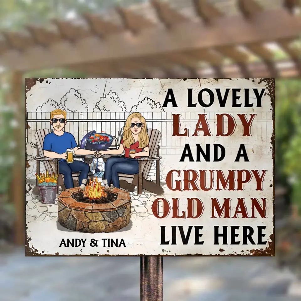 Couple A Lovely Woman And A Grumpy Old Man Live Here - Personalized Horizontal Metal Sign