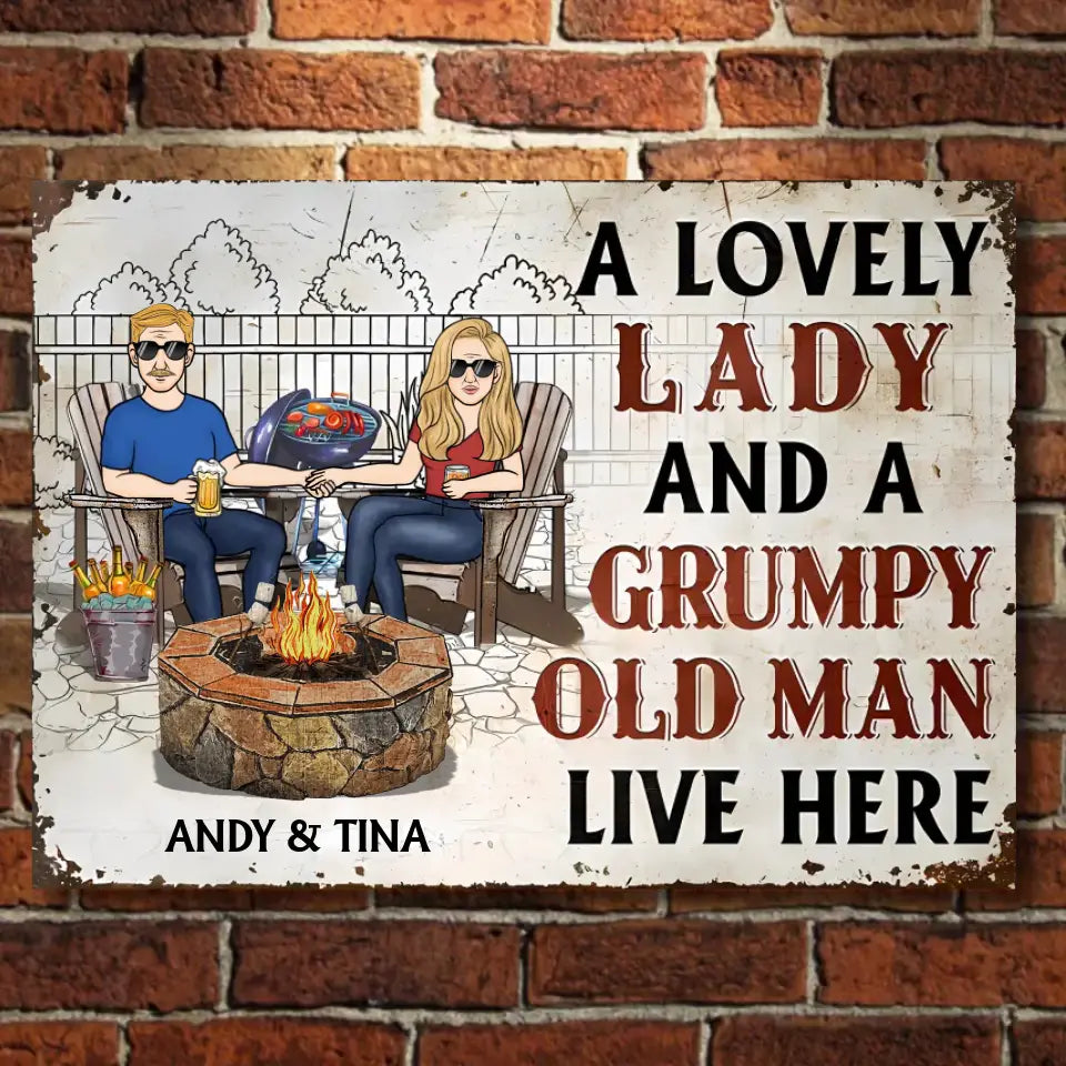 Couple A Lovely Woman And A Grumpy Old Man Live Here - Personalized Horizontal Metal Sign