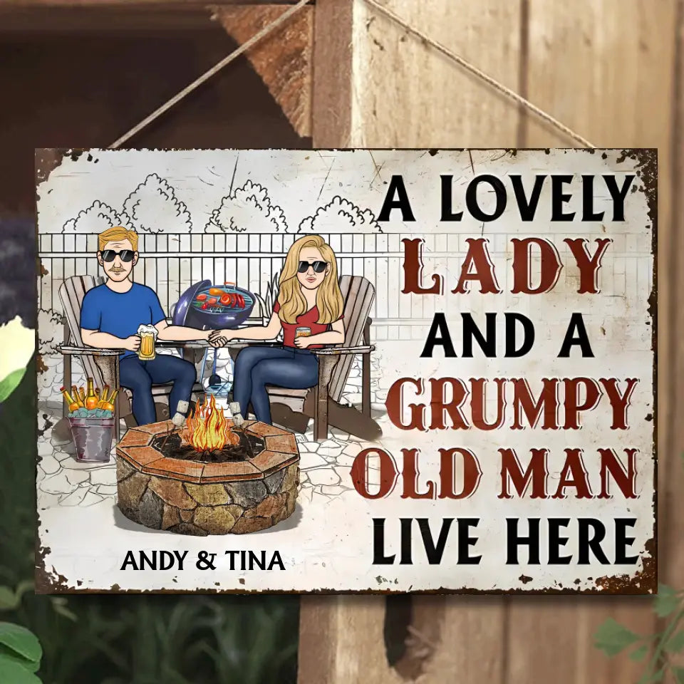 Couple A Lovely Woman And A Grumpy Old Man Live Here - Personalized Horizontal Metal Sign