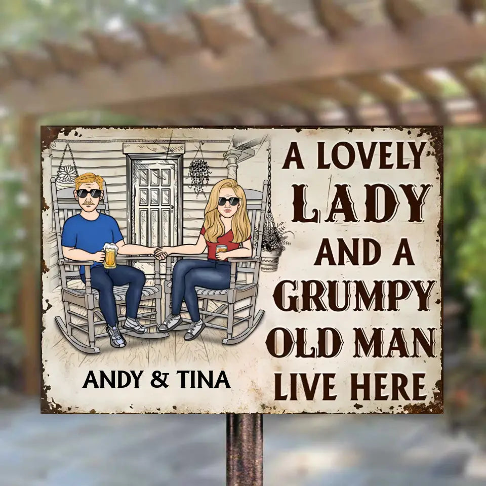 Couple A Lovely Woman And A Grumpy Old Man Live Here 2 - Personalized Horizontal Metal Sign