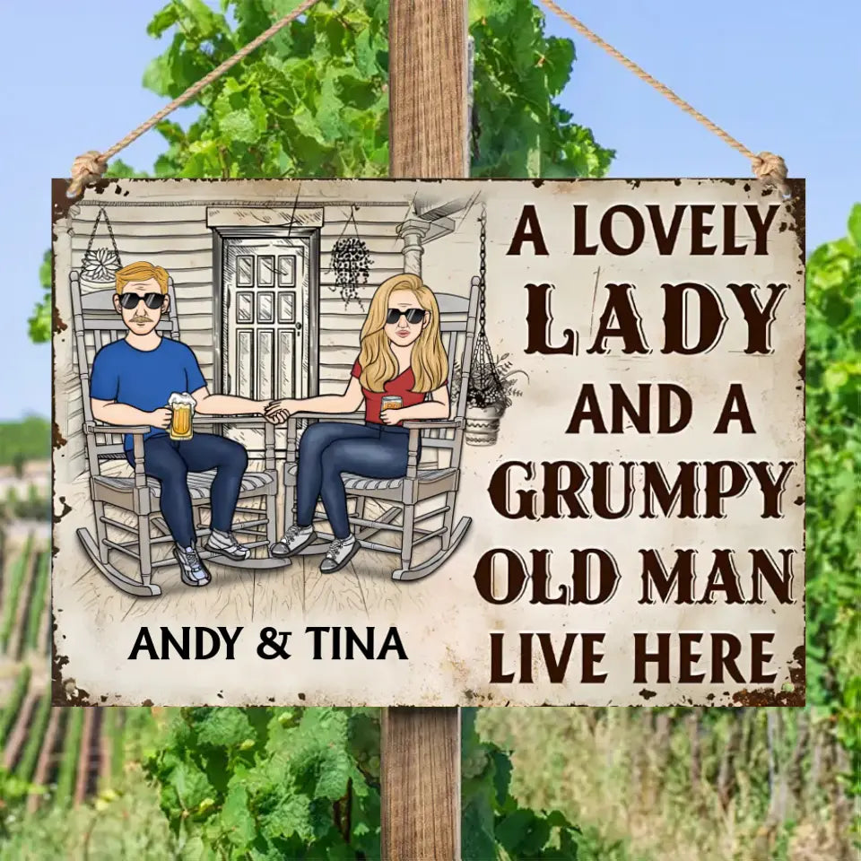 Couple A Lovely Woman And A Grumpy Old Man Live Here 2 - Personalized Horizontal Metal Sign