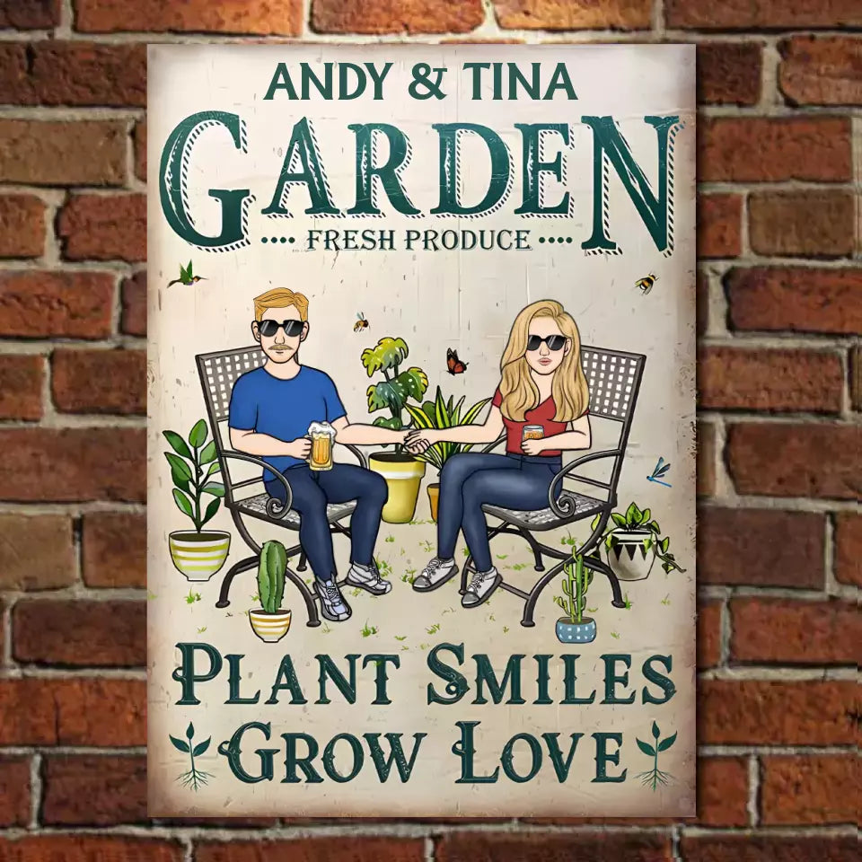 Gardening Couple Plant Smiles Grow Love - Personalized Horizontal Metal Sign