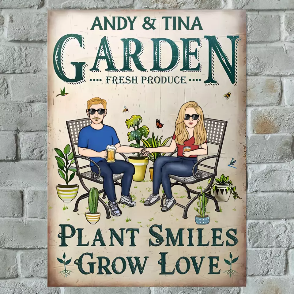 Gardening Couple Plant Smiles Grow Love - Personalized Horizontal Metal Sign