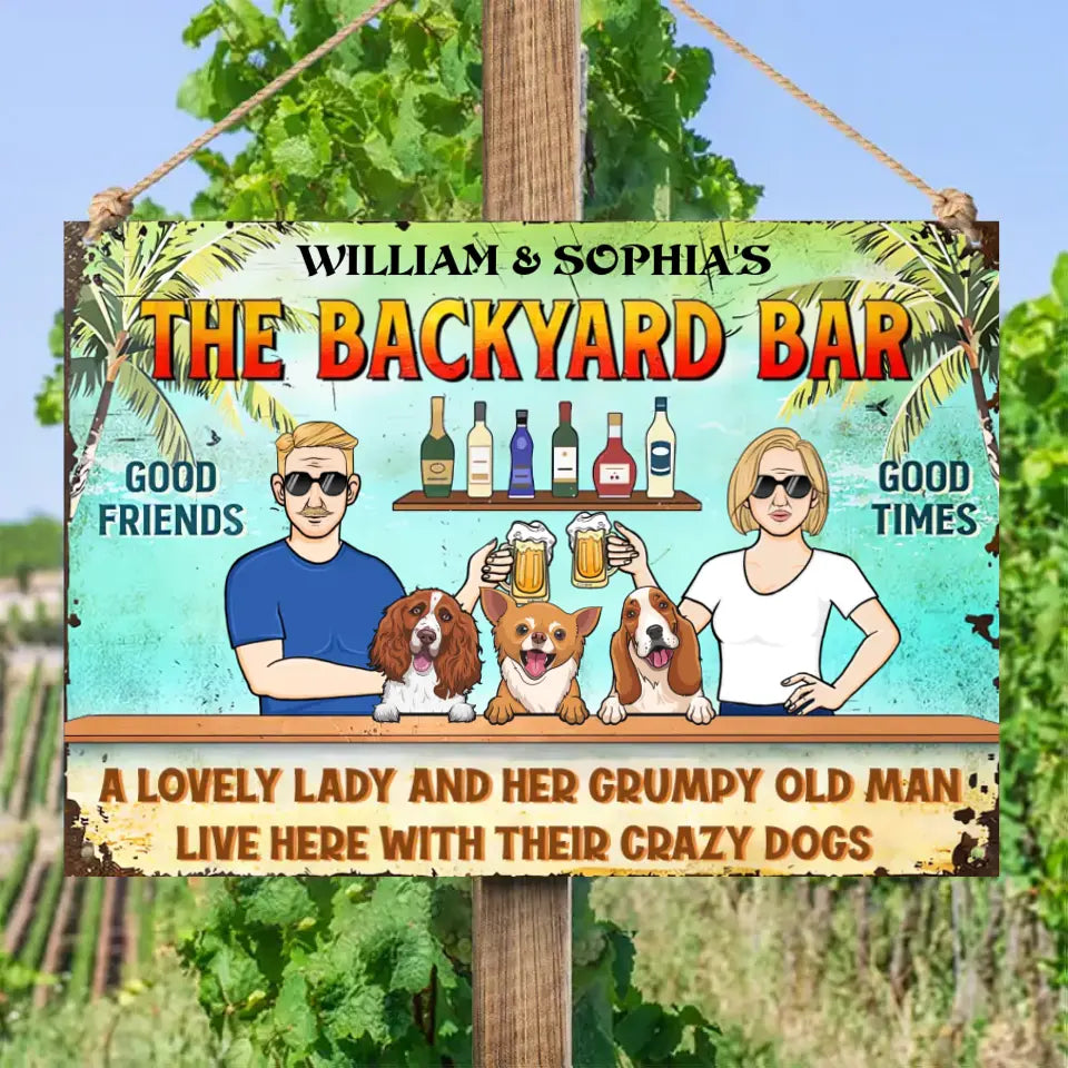 A Lovely Lady And Her Grumpy Old Man Live Here With Their Crazy Dogs - Personalized Horizontal Metal Sign