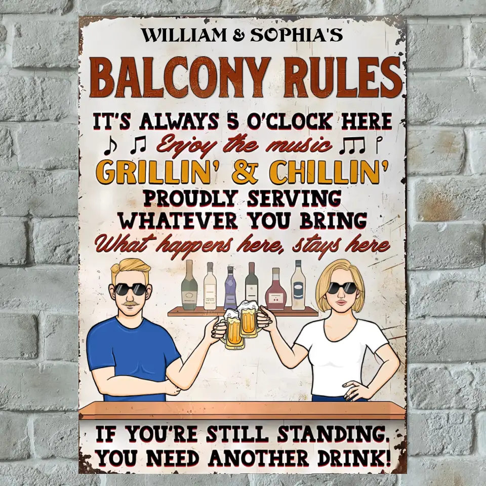 Bar Rules It's Always 5 O'Clock Here - Personalized Horizontal Metal Sign - Gifts For Couple