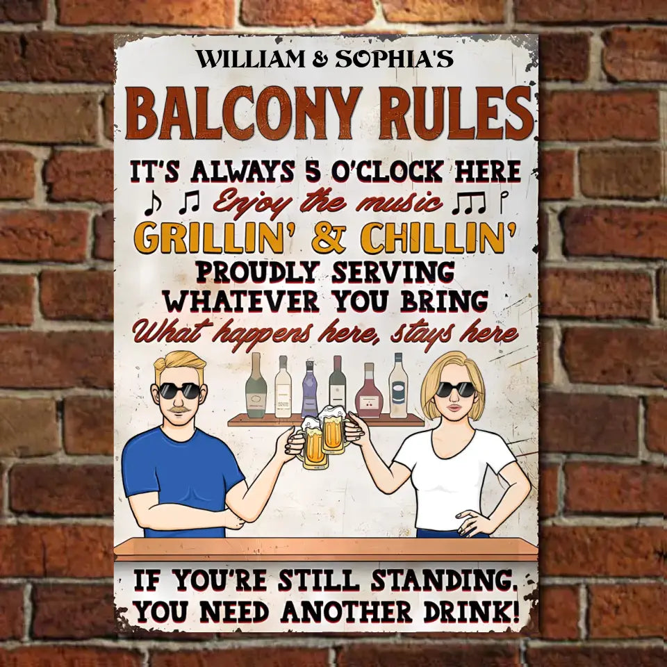 Bar Rules It's Always 5 O'Clock Here - Personalized Horizontal Metal Sign - Gifts For Couple