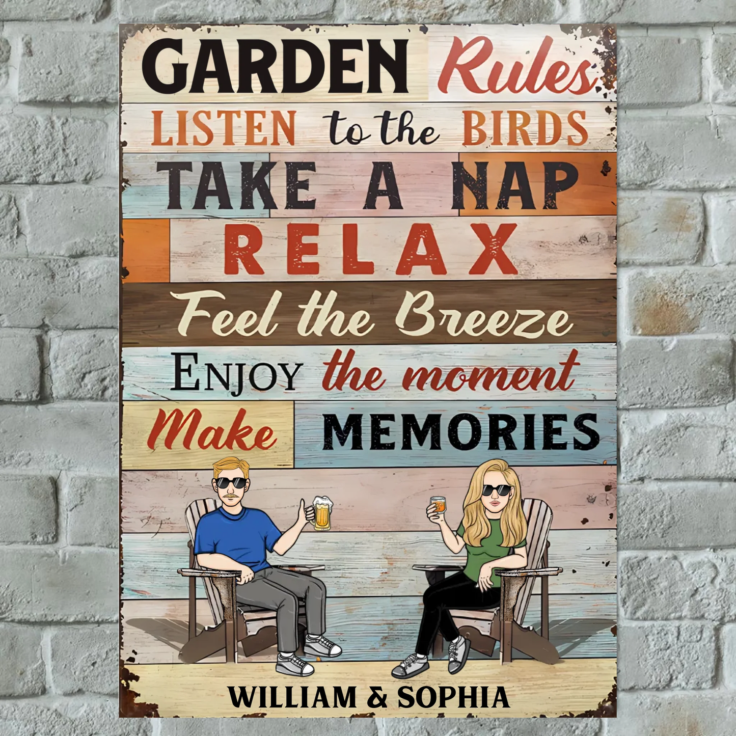 Garden Rules Listen To The Birds Husband Wife Couple - Personalized Vertical Metal Sign