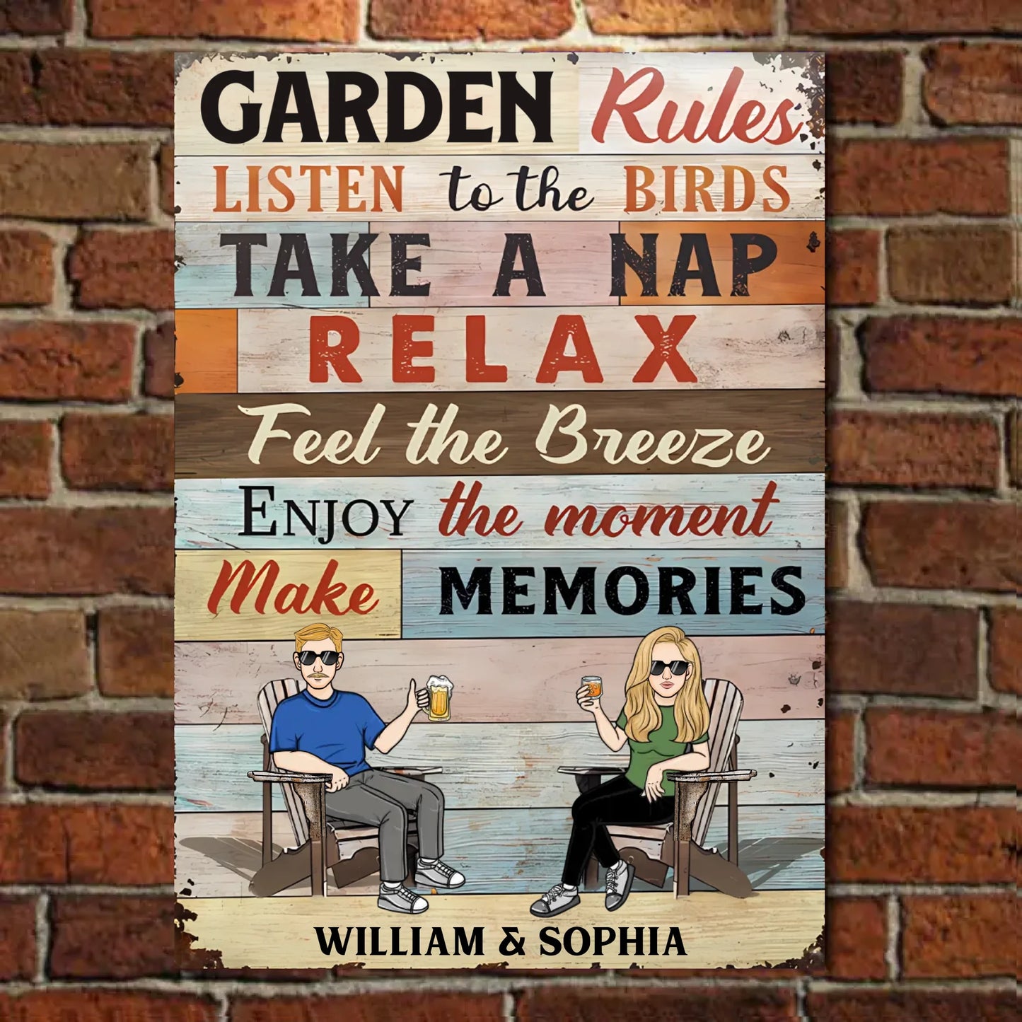 Garden Rules Listen To The Birds Husband Wife Couple - Personalized Vertical Metal Sign