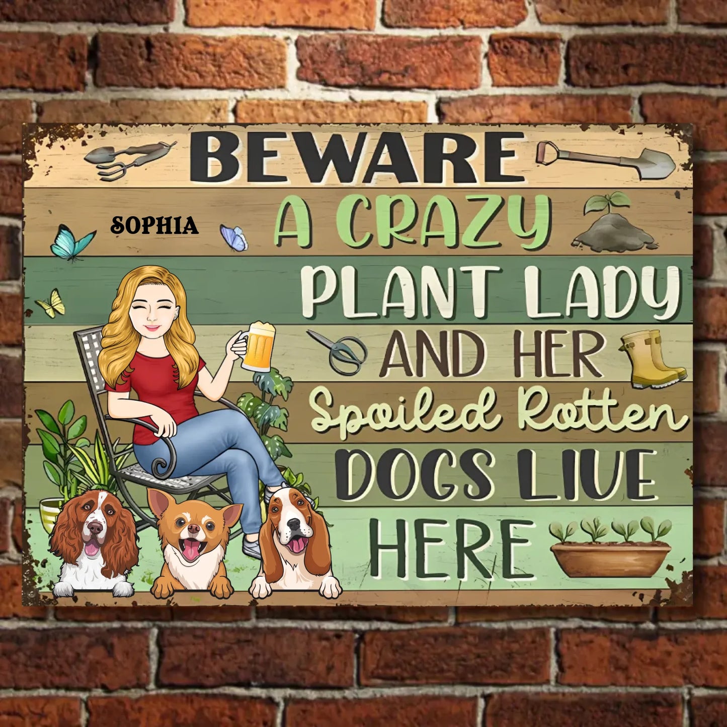 Beware A Crazy Plant Lady & Her Spoiled Rotten Dogs Live Here - Personalized Horizontal Metal Sign