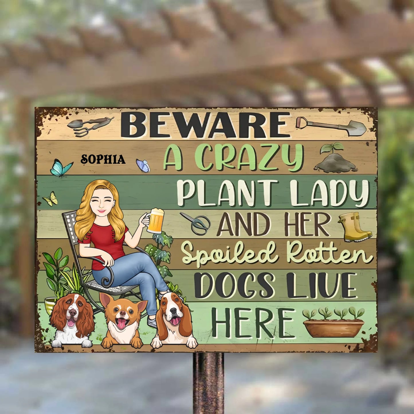 Beware A Crazy Plant Lady & Her Spoiled Rotten Dogs Live Here - Personalized Horizontal Metal Sign