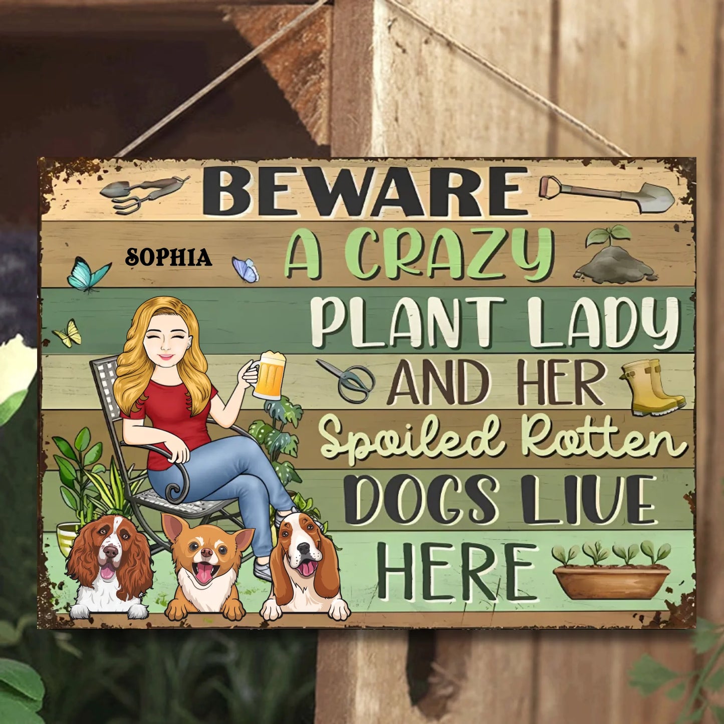 Beware A Crazy Plant Lady & Her Spoiled Rotten Dogs Live Here - Personalized Horizontal Metal Sign