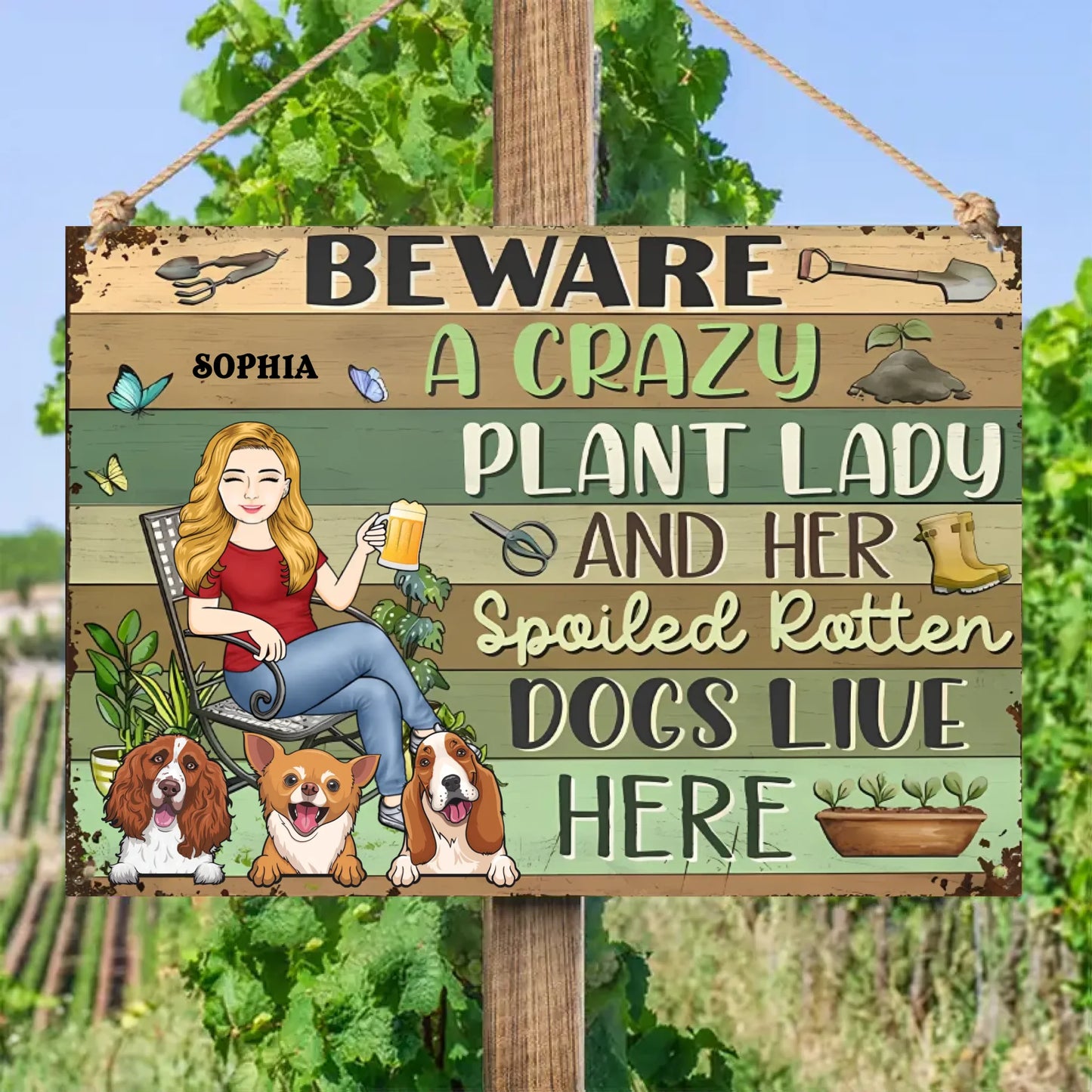 Beware A Crazy Plant Lady & Her Spoiled Rotten Dogs Live Here - Personalized Horizontal Metal Sign