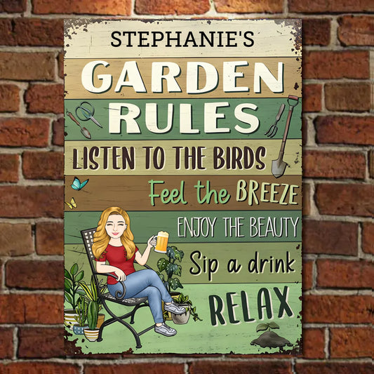 Garden Rules Listen To The Birds - Personalized Vertical Metal Sign