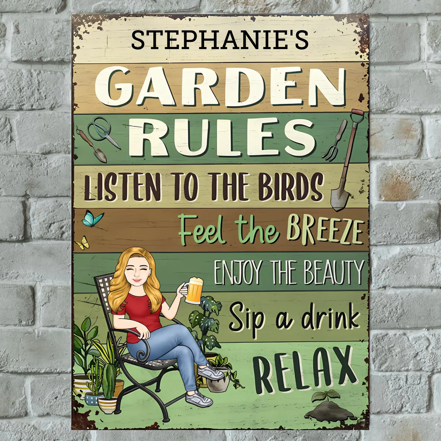 Garden Rules Listen To The Birds - Personalized Vertical Metal Sign