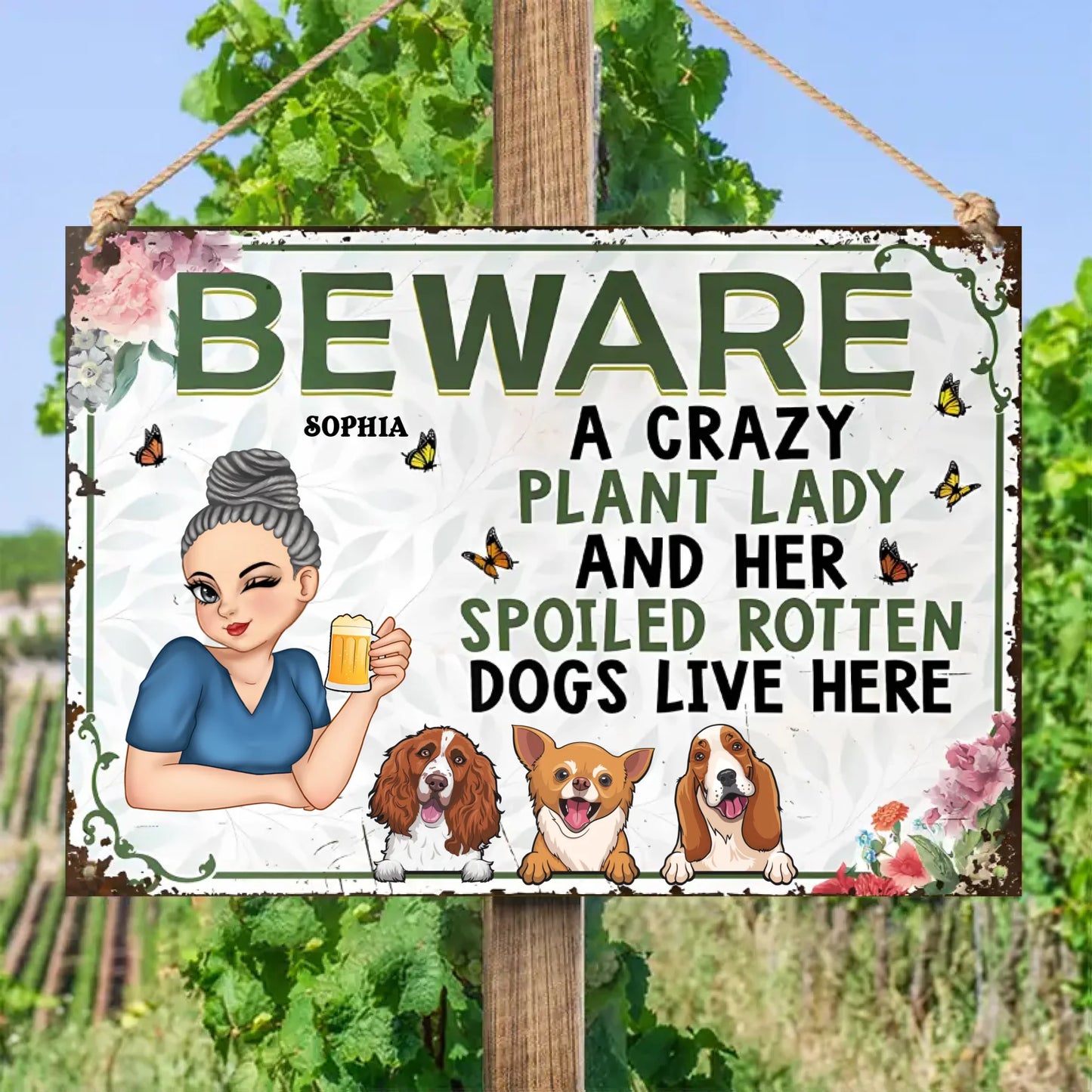 Beware A Plant Lady And Her Pretty Dogs - Personalized Horizontal Metal Sign