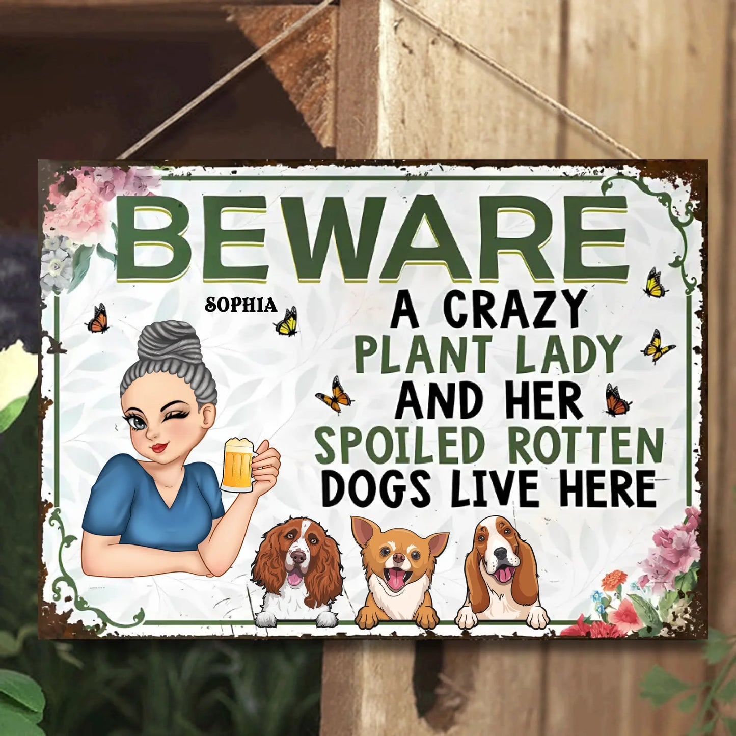 Beware A Plant Lady And Her Pretty Dogs - Personalized Horizontal Metal Sign