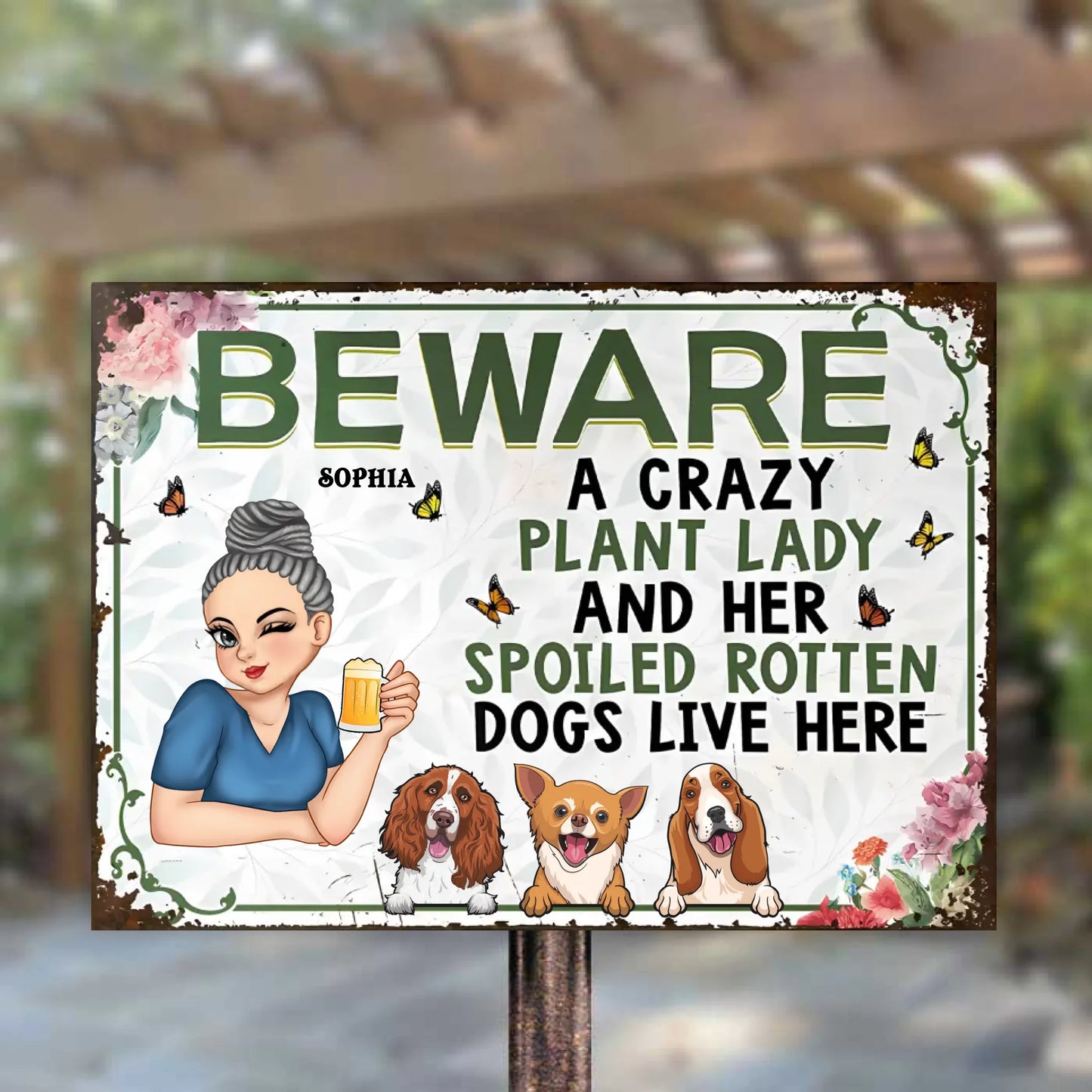 Beware A Plant Lady And Her Pretty Dogs - Personalized Horizontal Metal Sign