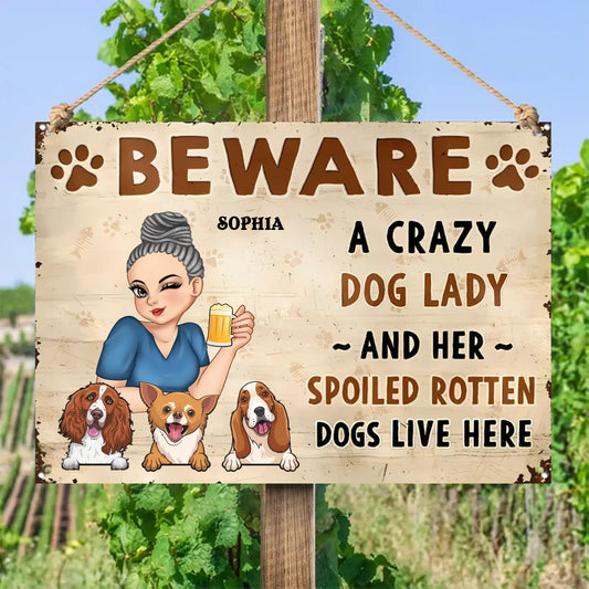 Beware A Plant Lady And Her Pretty Dogs 2 - Personalized Horizontal Metal Sign