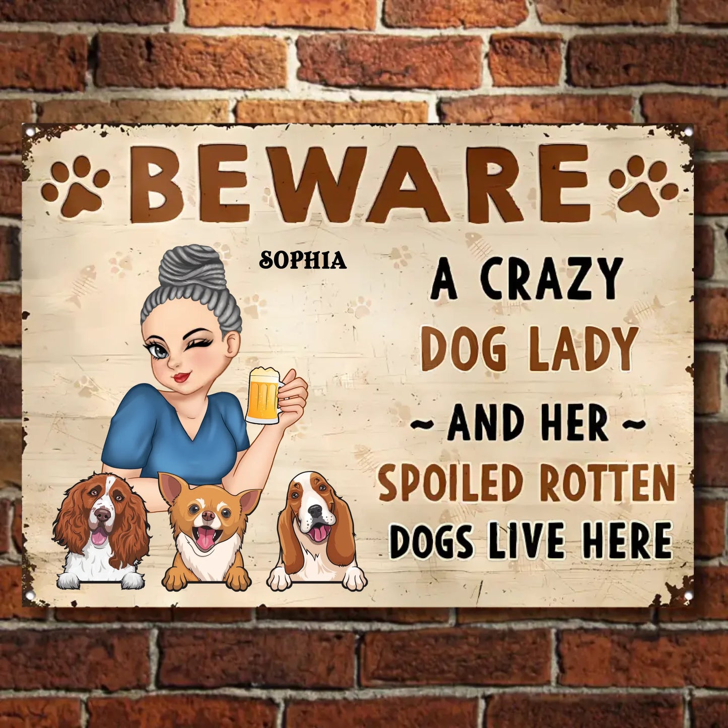 Beware A Plant Lady And Her Pretty Dogs 2 - Personalized Horizontal Metal Sign