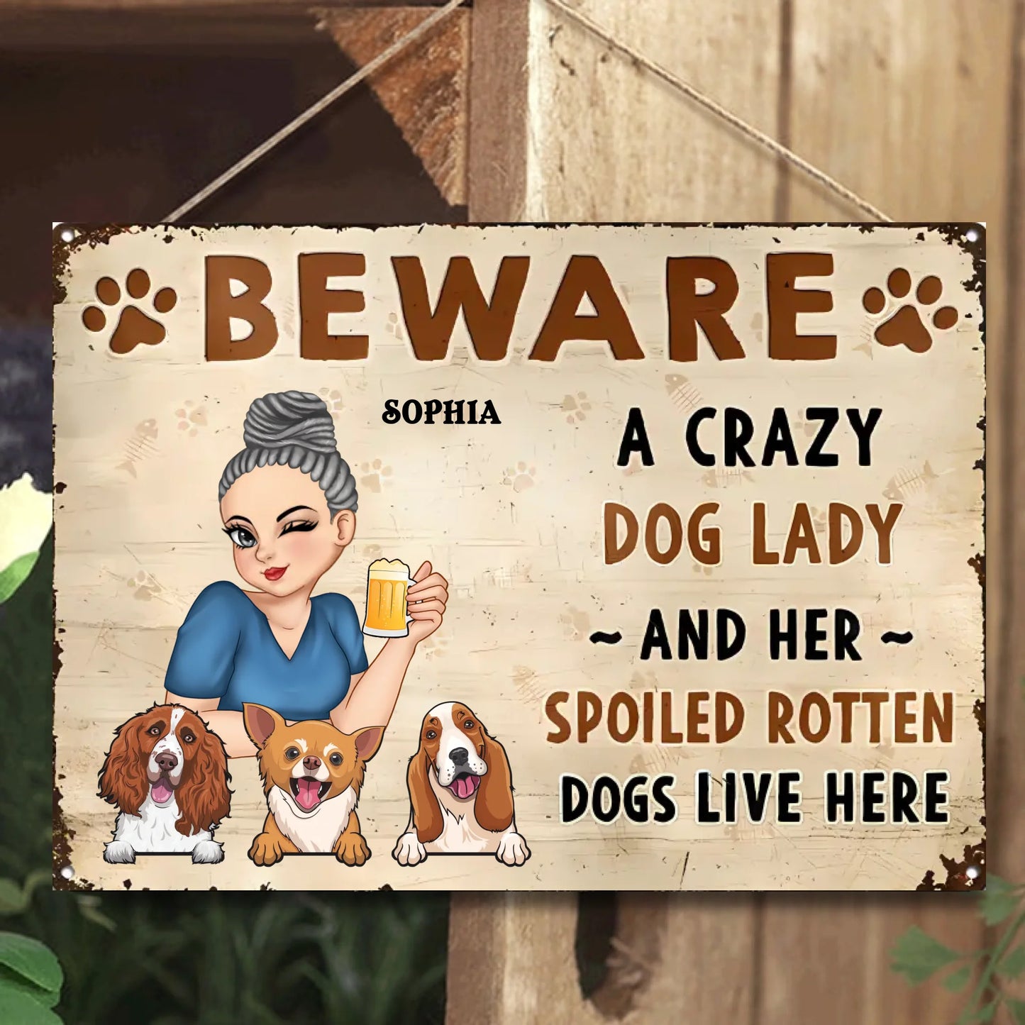 Beware A Plant Lady And Her Pretty Dogs 2 - Personalized Horizontal Metal Sign