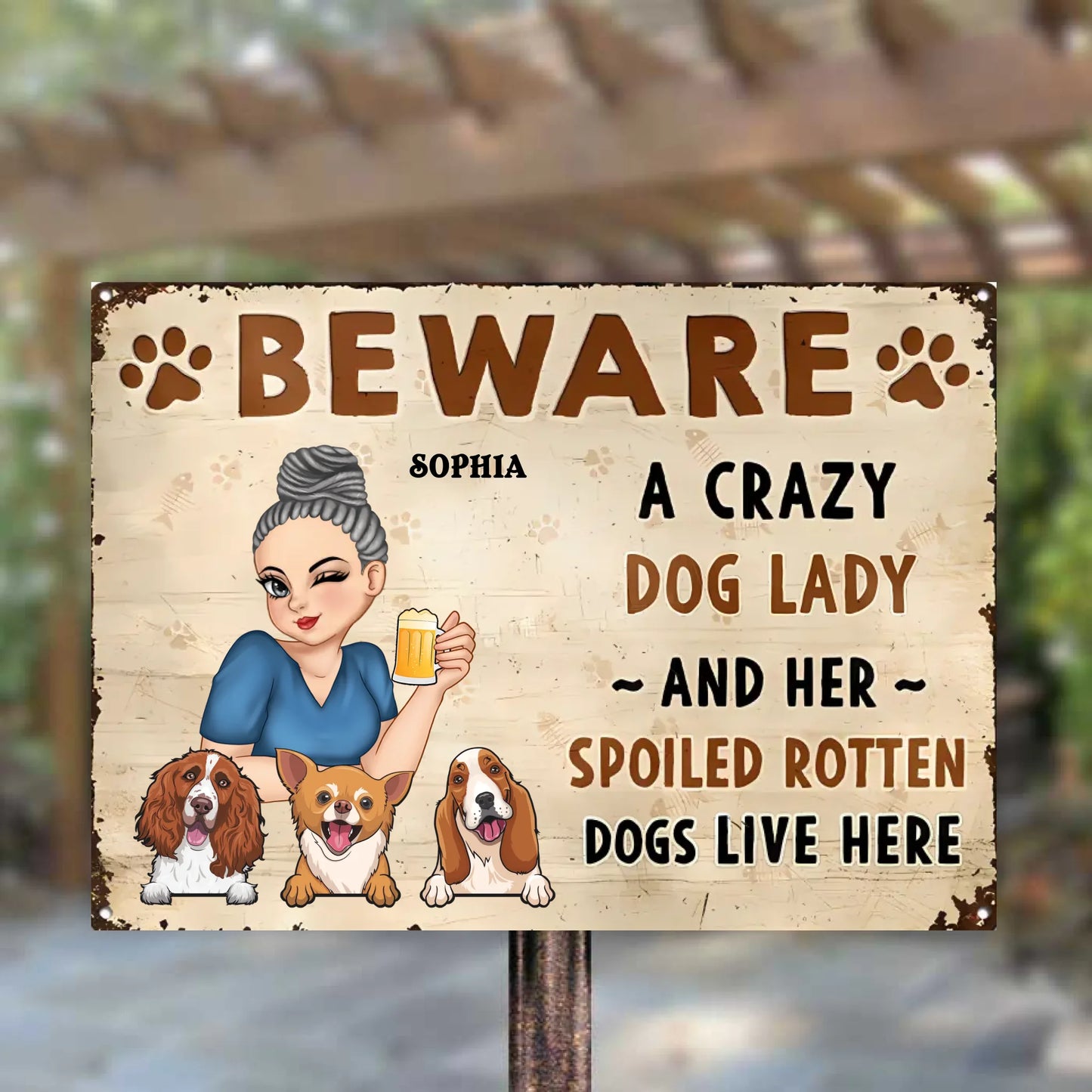 Beware A Plant Lady And Her Pretty Dogs 2 - Personalized Horizontal Metal Sign