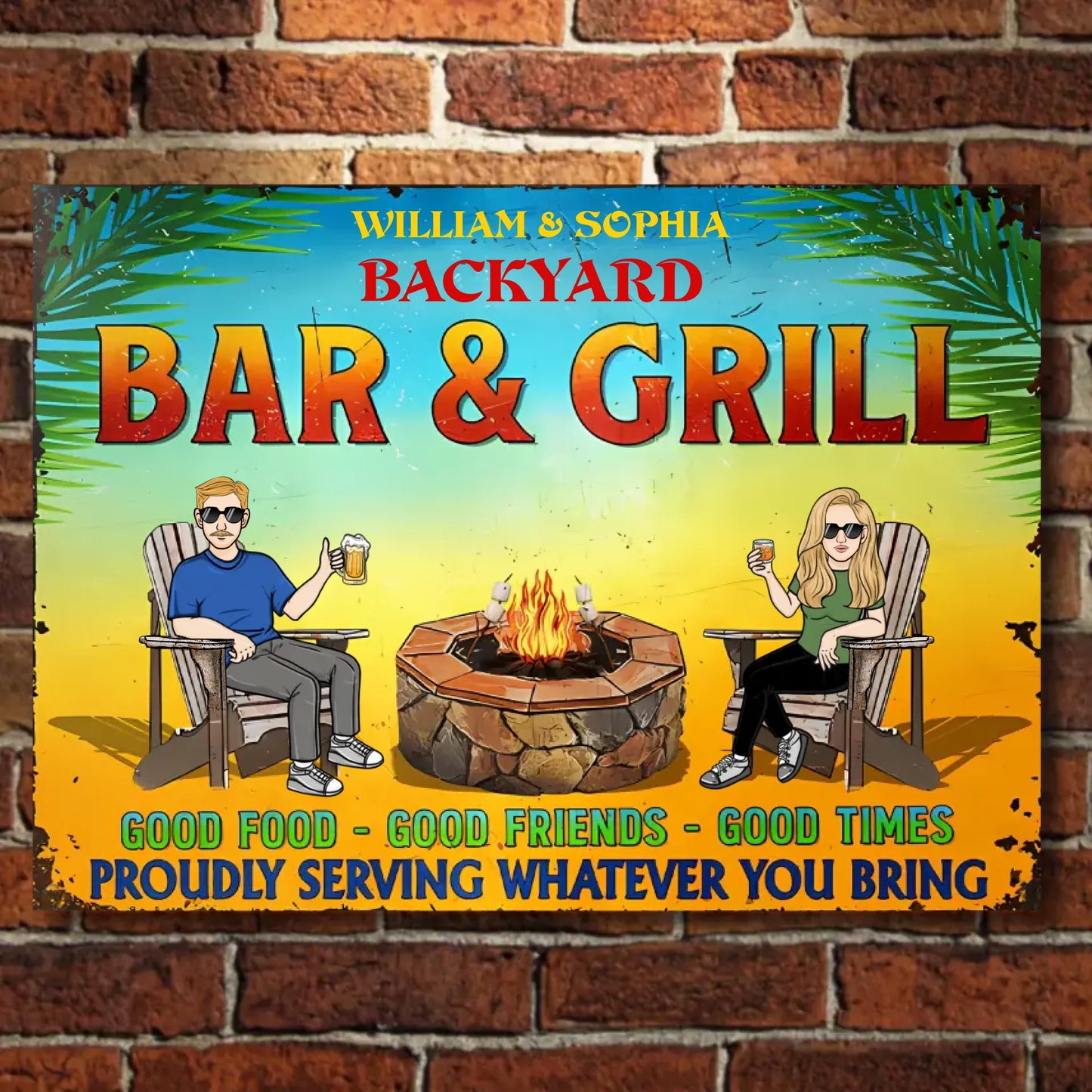 Bar & Grill Proudly Serving Whatever You Bring - Personalized Horizontal Metal Sign - Gifts For Husband Wife, Family, Couples