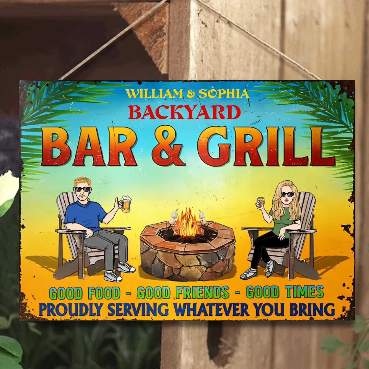 Bar & Grill Proudly Serving Whatever You Bring - Personalized Horizontal Metal Sign - Gifts For Husband Wife, Family, Couples