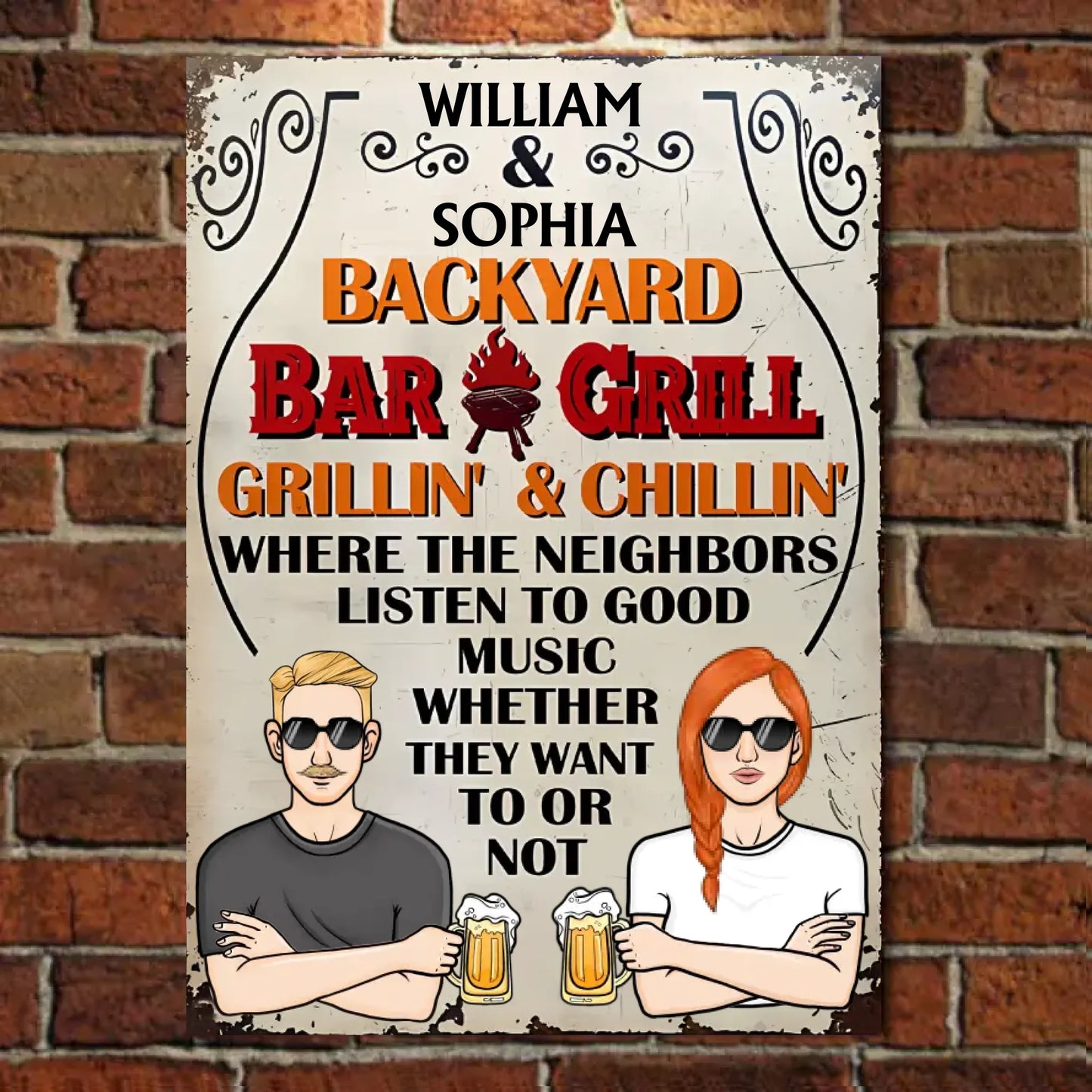 Backyard Bar & Grill Where The Neighbors Listen To Good Music - Personalized Vertical Metal Sign - Gift For Husband Wife, Couples, Family